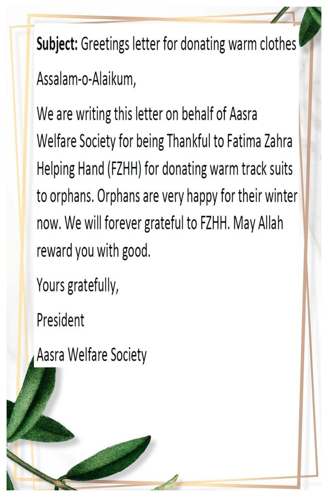 Lahore, Pakistan - Participating in Orphan Support Program by Receiving Certificates of Appreciation from Four Orphanages for Distribution of 200+ Winter Track Suits to Beloved Orphans & Less Privileged Children