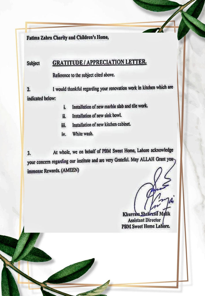 Lahore, Pakistan - Participating in Orphan Support Program by Receiving Certificate of Appreciation for Repairing & Refurbishing Kitchen of Local Community's Orphanage Serving Beloved Orphans & Less Privileged Children